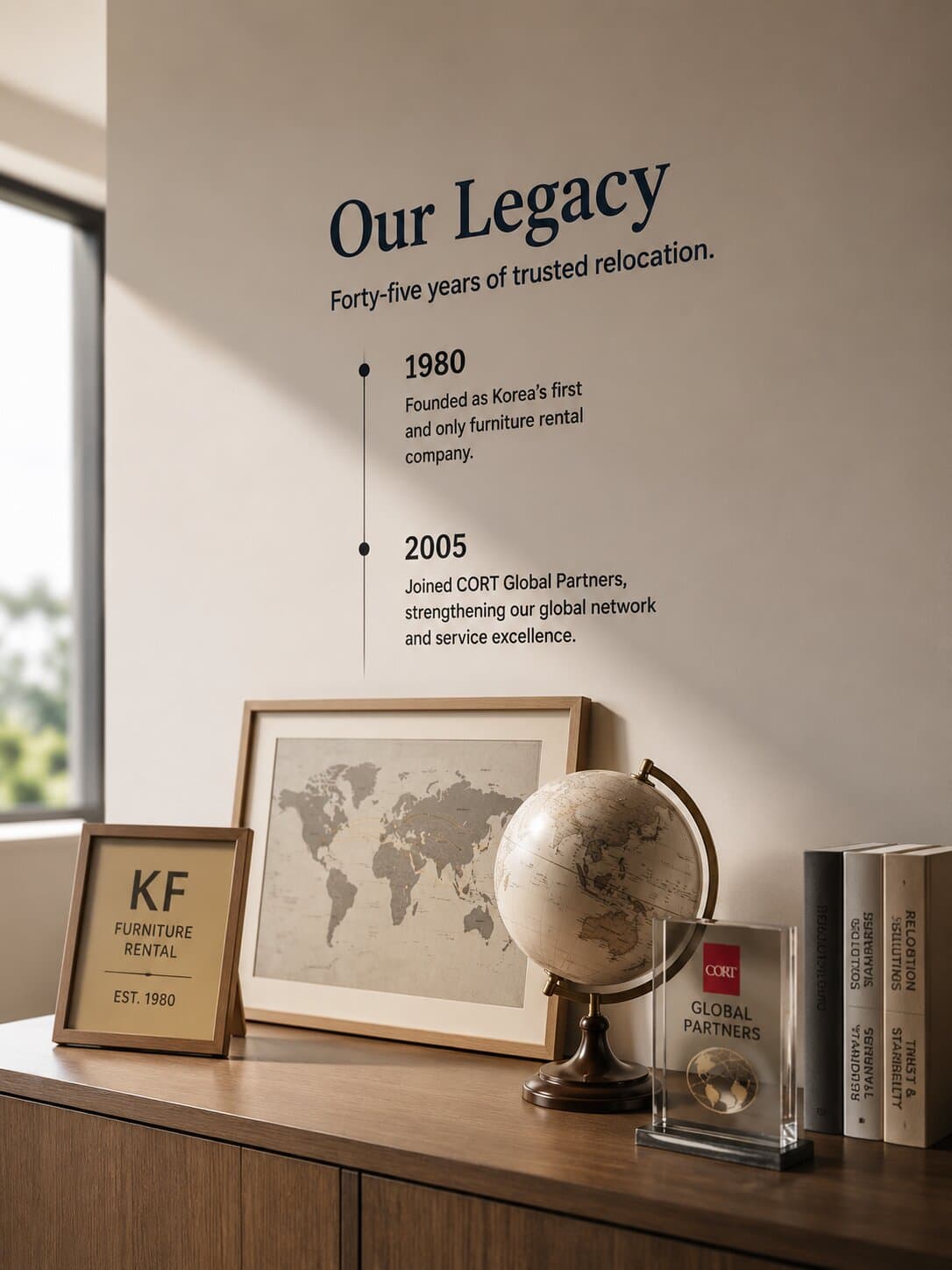 KF heritage display with founding timeline and CORT Global Partners plaque